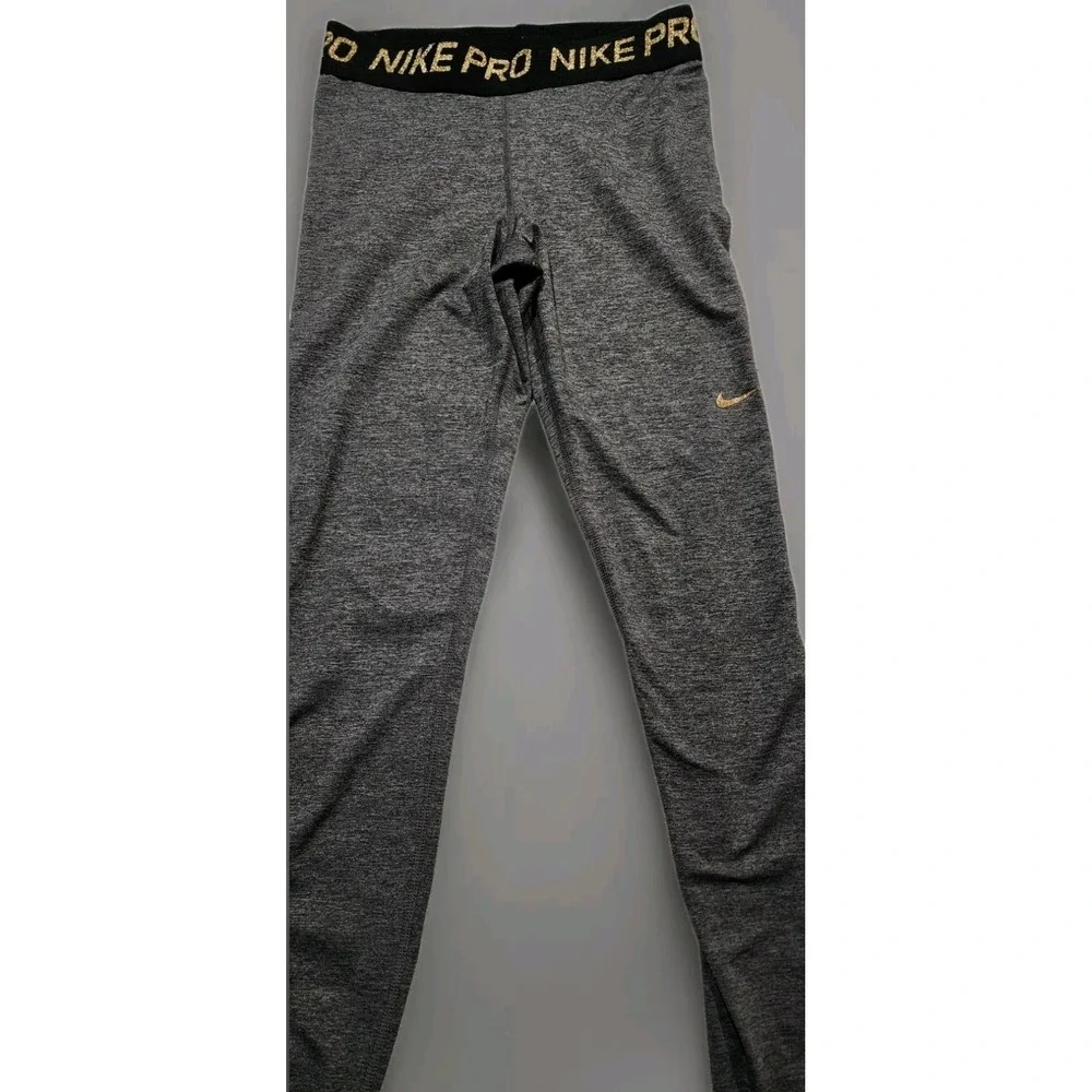 NIKE Pro Dri-FIT Mid-Rise‎ Leggings Gray With Gold Logo Women Size Small